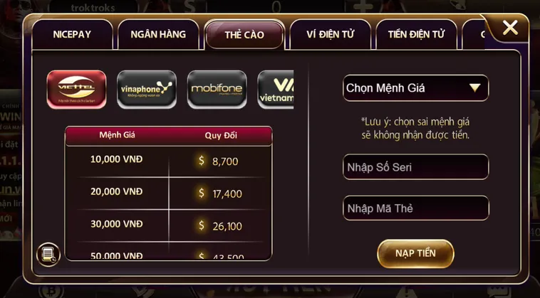 Nạp tiền bằng thẻ cào - phương thức luôn được ưu tiên lựa chọn tại sunwin.